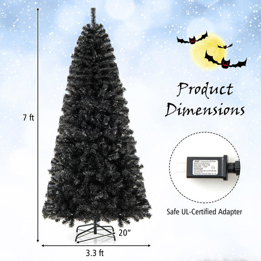 Goplus 7 FT Artificial Halloween Tree, Pre-Lit Black Christmas Tree with Bendable Top Section