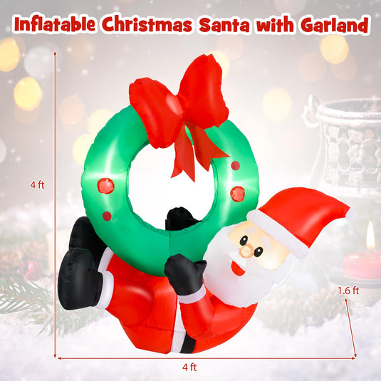 Goplus Christmas Inflatables, 4FT Blow up Santa Claus w/LED Lights & Christmas Wreath