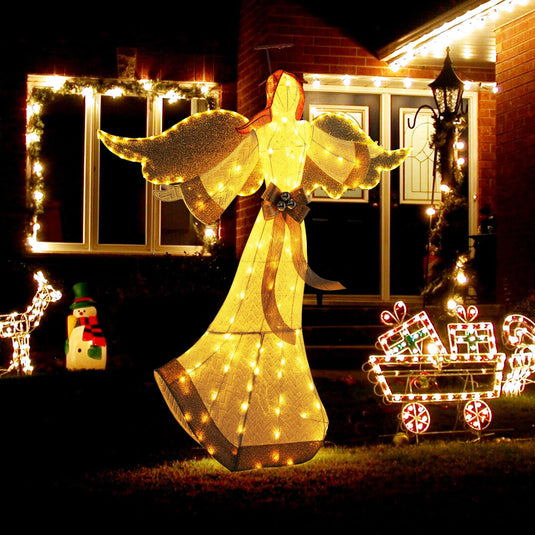 Goplus 5.2 FT Christmas Lighted Angel, Pre-Lit Winged Holiday Figure Angel with180 Warm White LED Lights