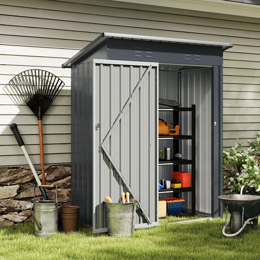 Goplus 5 x 3 FT Outdoor Storage Shed, Galvanized Metal Tool House w/Sloped Roof, 2 Vents, Lockable Door