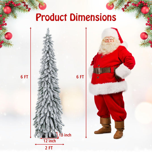 Goplus 6ft Pre-Lit Flocked Christmas Tree, Artificial Slim Pencil Xmas Tree with 250 LED Lights