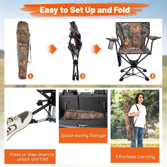 Goplus Swivel Camping Chair, Potable Hunting Chair for Adults w/Cup Holder & Carrying Bag