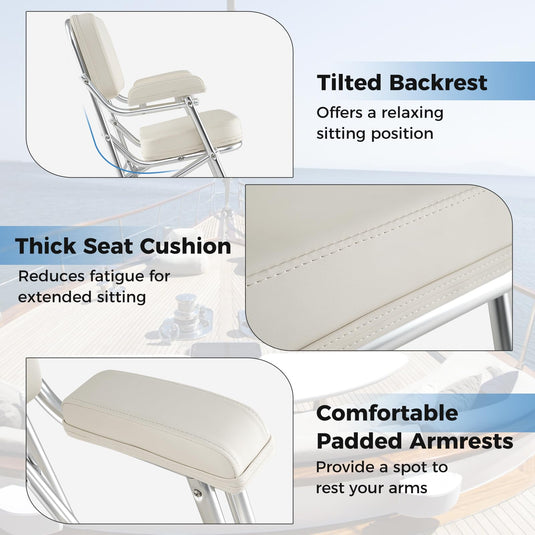 Goplus Folding Deck Chair, Aluminum Boat Seat w/Upholstered Seat, Soft Padded Backrest & Armrests