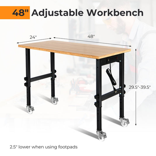 Goplus Work Bench with Power Outlet, 48¡±Adjustable Rolling Work Table w/Removable Wheels & Foot Pads, 1984LBS Capacity