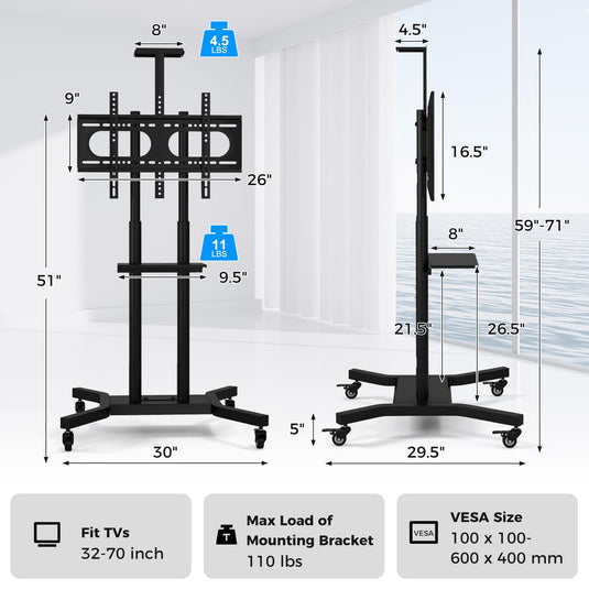 Goplus Rolling TV Stand for 32-70 Inch Flat/Curved TVs up to 110 lbs, Max VESA 600 X 400 mm