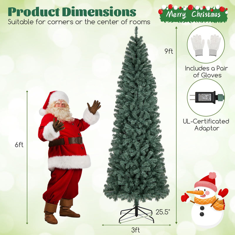 Load image into Gallery viewer, Goplus 9ft Pre-Lit Blue Slim Pencil Christmas Tree with 500 Warm White &amp; Multicolored LED Lights, 9 Modes, 1168 Branch Tips
