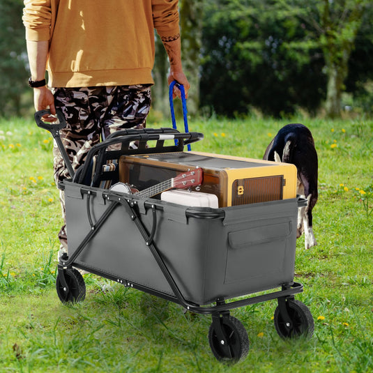 Goplus Collapsible Foldable Wagon, Heavy-Duty Wagon Cart w/Adjustable Handlebar, Bottle Holders & Storage Pocket