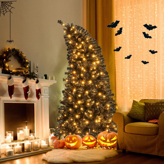 Goplus 6 FT Artificial Halloween Tree, Pre-Lit Black Christmas Tree with Bendable Top Section