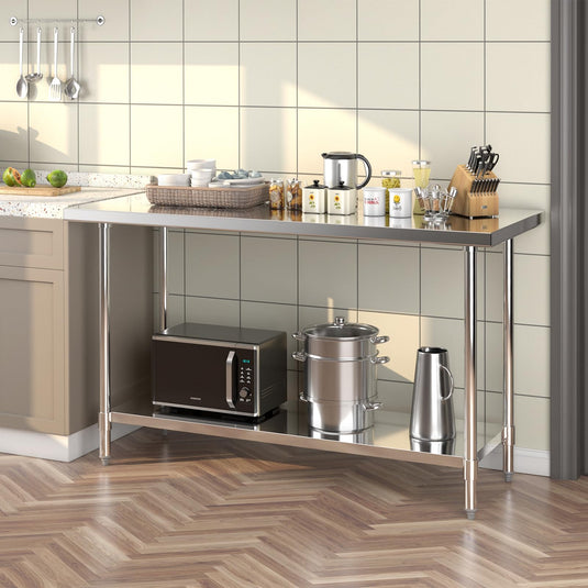 Goplus Stainless Steel Table, 24 x 60 Inches Kitchen Prep & Work Table w/Adjustable Undershelf & Footpads