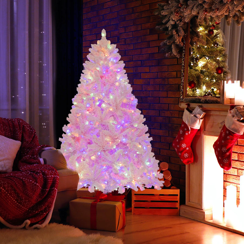 Goplus 6FT Pink Pre-lit Christmas Tree, Hinged Snow Flocked Artificial ...