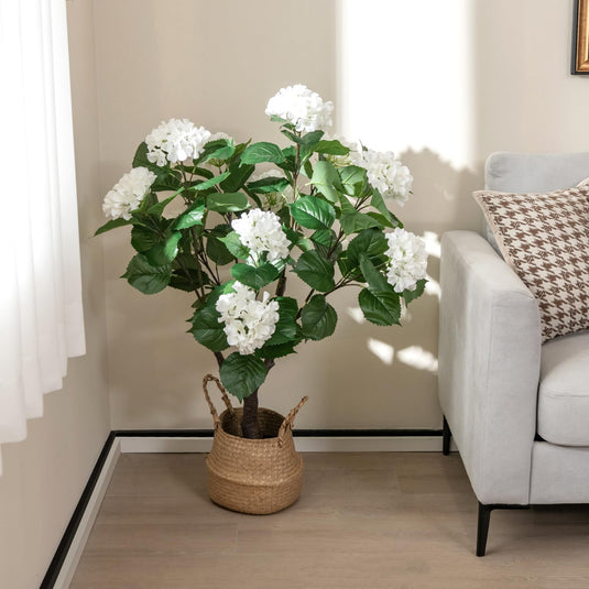 Goplus Artificial Hydrangea Tree, 2 Pack Fake Floral Plant w/11 White Flowers & Realistic Trunk in Plastic Nursery Pot