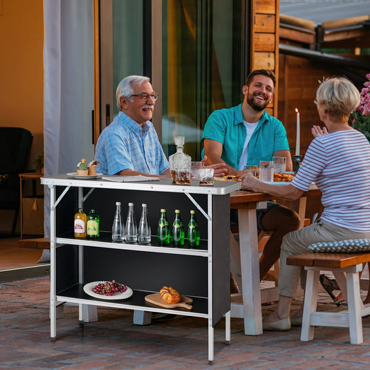 Goplus Folding Camping Table, Aluminum Portable Pop-Up Bar Table with 2-Tier Storage Shelves
