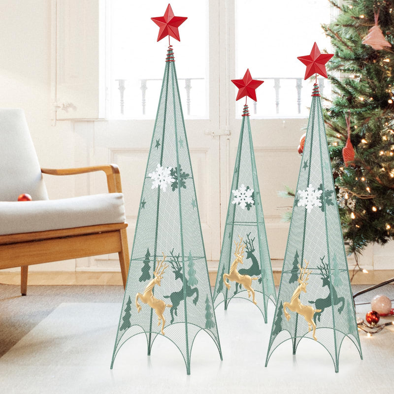 Load image into Gallery viewer, Goplus Set of 3 Tower Shaped Christmas Trees (3ft/3.5ft/4ft), Artificial Xmas Metal Trees with Removable Star Toppers &amp; Reindeer
