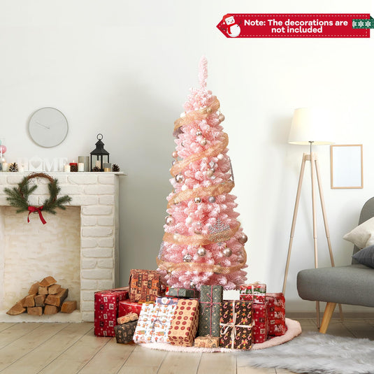 Goplus 5ft Pink Slim Pencil Christmas Tree, Artificial Unlit Skinny Xmas Full Tree with 328 Branch Tips