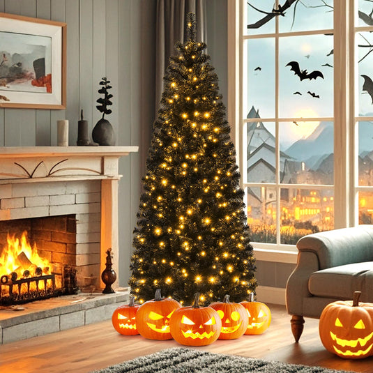 Goplus Black Pencil Christmas Tree, Pre-lit Artificial Halloween Tree