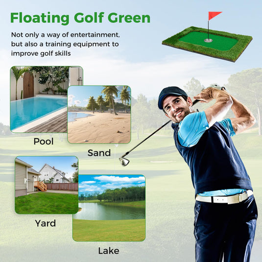 Goplus Floating Golf Green for Pool, Chipping Green Mat w/Hitting Mat, Golf Balls, Flag & Tee, Rectangle, 35.5" x 23.5"