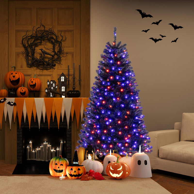 Load image into Gallery viewer, Goplus 6/7/8 FT Pre-Lit Black Halloween Tree, Artificial Hinged Christmas Tree with 280/380/500 Orange &amp; Purple LED Lights
