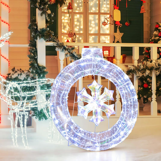 Goplus 33” Lighted Ornament with Snowflake, Pre-Lit Christmas Wreath with 128 Cold White LED Lights