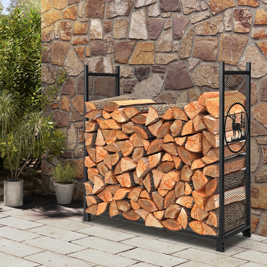 Goplus Firewood Rack Outdoor 4 FT Metal Log Storage Rack with Mesh Sides Base