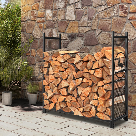 Goplus Firewood Rack Outdoor, 4 FT Metal Log Storage Rack with Mesh Sides & Base