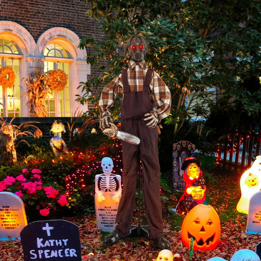 Goplus Halloween Animatronic Chainsaw Man, Halloween Prop with Gas Mask, Chainsaws, Red Light Up Eyes