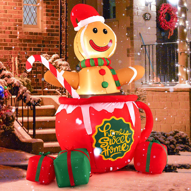 Load image into Gallery viewer, Goplus 7 Ft Christmas Inflatable, Blow up Pre-Lit Gingerbread Man in Mug with Gift Boxes &amp; Candy Cane
