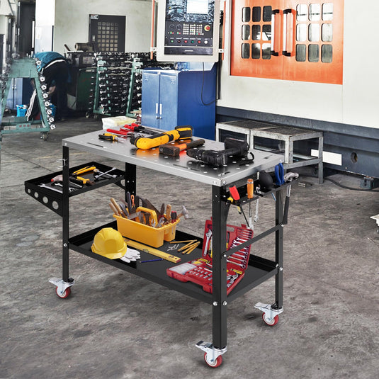 Goplus 36” x 18” Rolling Welding Table, 1200 lbs Welding Workbench on Wheels w/Tool Rack & Tray