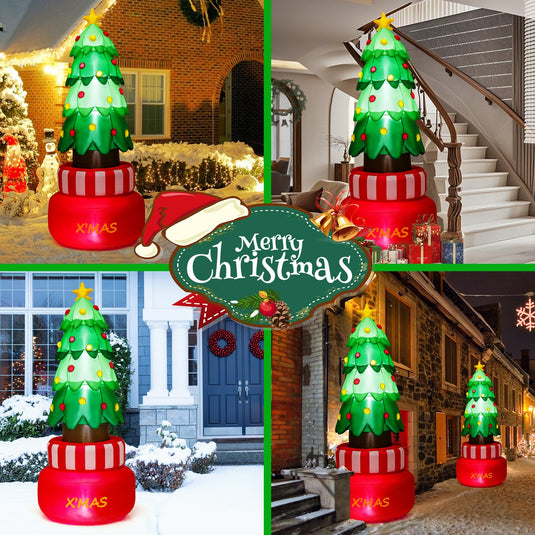 Goplus 8FT Tall Christmas Inflatables, LED Lighted Xmas Inflatable Rotating Tree Freestanding