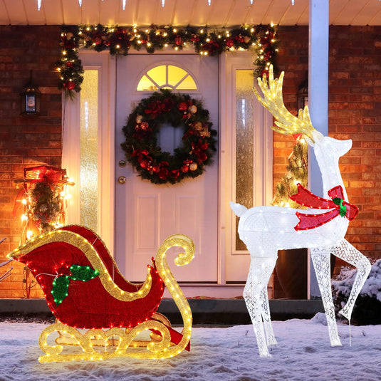 Goplus Lighted Christmas Reindeer & Sleigh Set, Light-up Xmas Decorations with 462 LED Lights