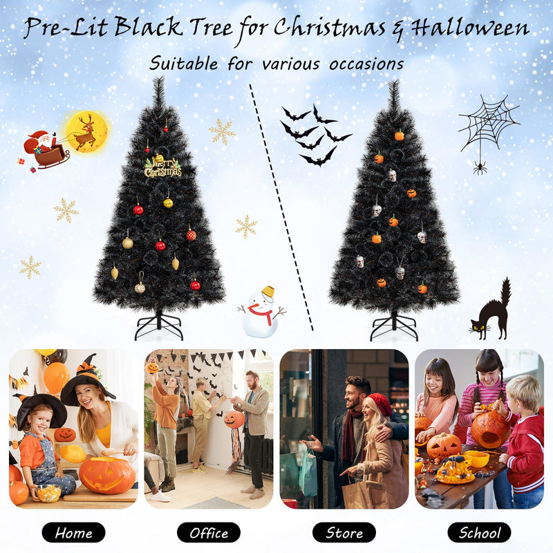 Load image into Gallery viewer, Goplus 6/7/8 ft Pre-Lit Black Halloween Christmas Tree, Artificial Hinged Xmas Full Tree with 362/572/860 Pine Needles &amp; PVC Branch Tips
