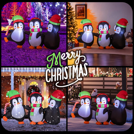 Goplus 6FT Christmas Inflatables, LED Lighted Xmas Inflatable Penguin Family Hand in Hand