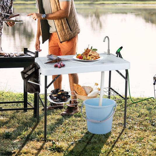 Goplus Folding Fish Cleaning Table with Sink and Spray Nozzle, Portable Camping Sink Table with Faucet