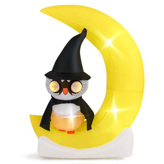 Goplus 5.1 Ft Halloween Inflatables, Pre-Lit Owl on The Moon with Witch Hat