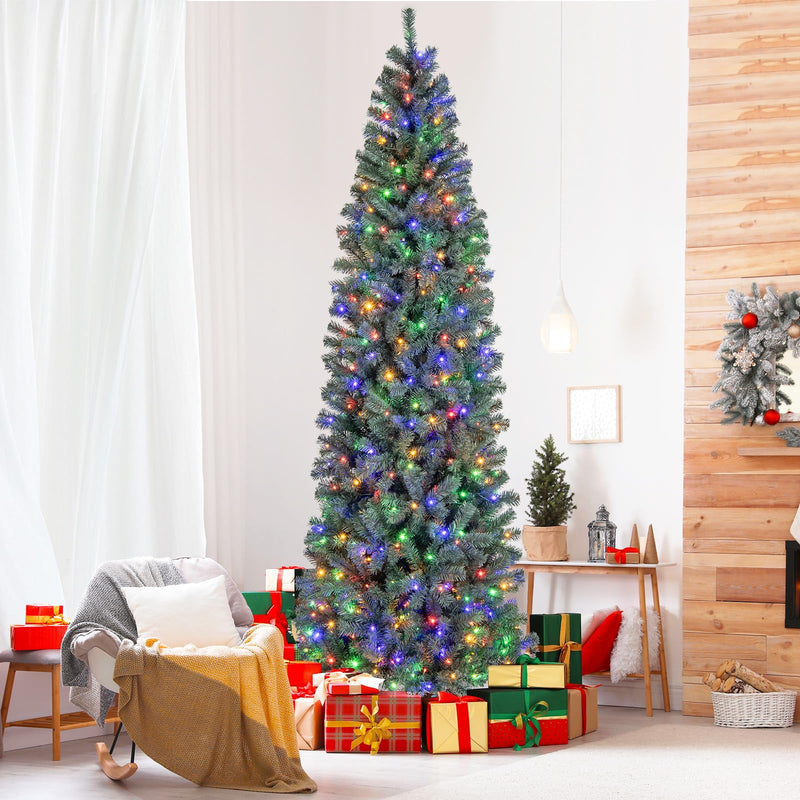 Load image into Gallery viewer, Goplus 9ft Pre-Lit Blue Slim Pencil Christmas Tree with 500 Warm White &amp; Multicolored LED Lights, 9 Modes, 1168 Branch Tips
