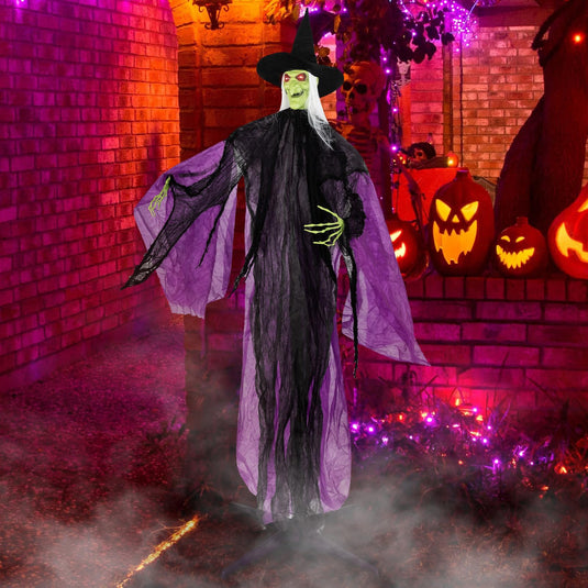 Goplus 7.2 FT Halloween Animatronic Witch, Animated Standing Poseable Figure with Light up Eyes