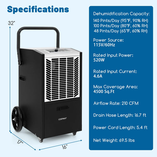 163 Pints Commercial Dehumidifier, 4500 Sq.Ft Dehumidifier with Pump & Drain Hose