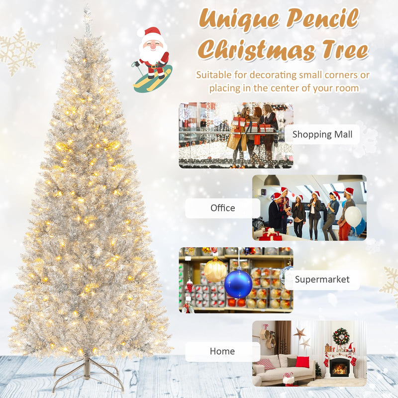 Goplus 6ft Pre-lit Silver Pencil Christmas Tree, Artificial Tinsel Ele ...