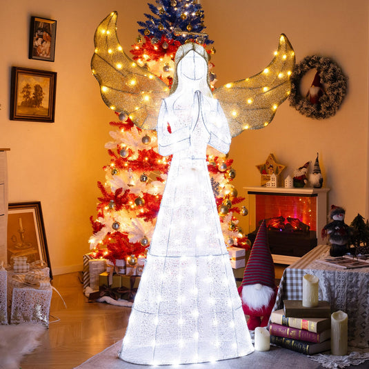 Goplus 5 FT Christmas Pre-Lit Angel, Yard Lighted-up Festive Angel w/Halo