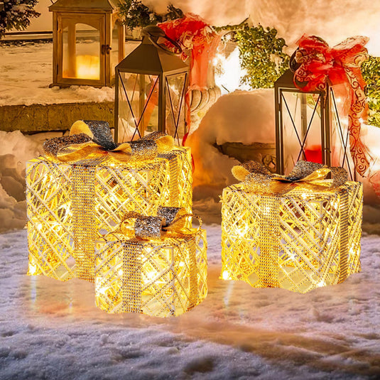 Goplus Set of 3 Christmas Lighted Gift Boxes, 90 LED Light up Present Boxes with Bows