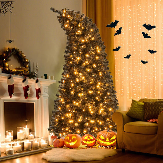 Goplus 7 FT Artificial Halloween Tree, Pre-Lit Black Christmas Tree with Bendable Top Section