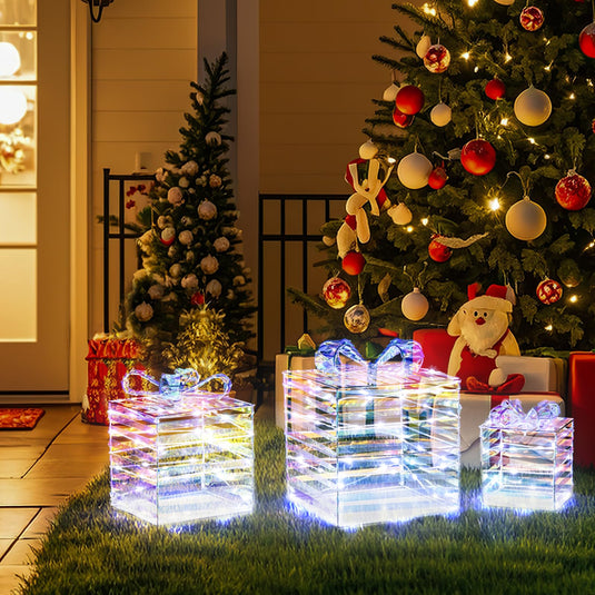 Goplus 3 Pieces Christmas Lighted Gift Boxes, 90 LED Light up Present Boxes with Bows, Zip Ties & Ground Stakes