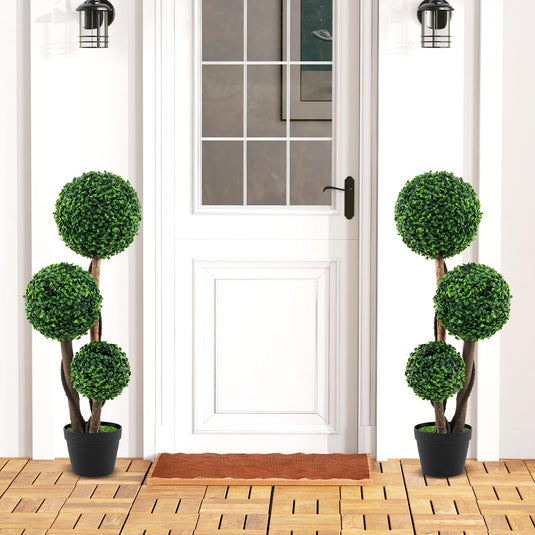 Goplus 3ft Artificial Boxwood Topiary Ball Tree, Faux Potted Plants with Solid Wood Trunks