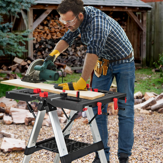 Goplus Portable Workbench, Folding Work Table & Sawhorse with Adjustable Height, 440LBS Capacity