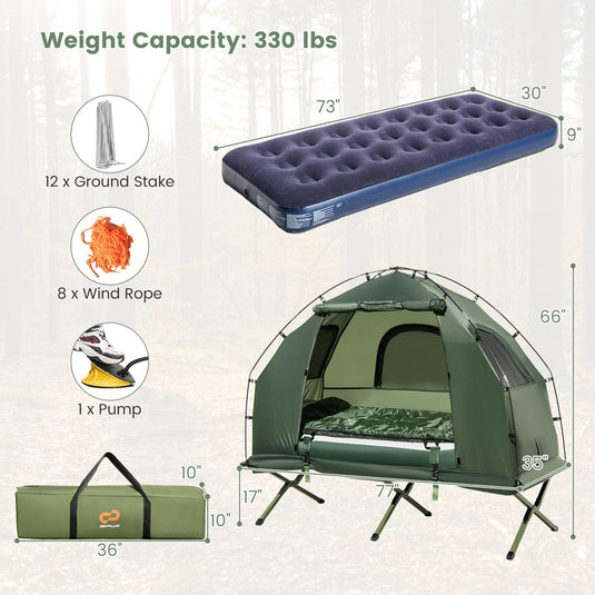 Goplus Camping Tent Cot, 5-in-1 Folding Camping Bed with Air Mattress, Pillow, Sleeping Bag, Waterproof Elevated Tent Shelter