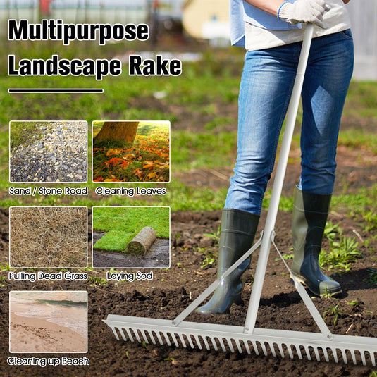 Goplus Landscape Rake 36 Inch, Aluminum Rake Head w/36 Tines and 68" Long Non-slip Handle, Yard Rake Tool for Loosening & Leveling Soil