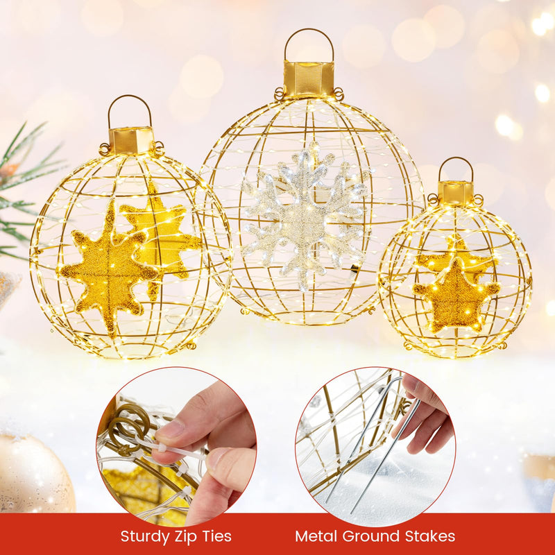 Load image into Gallery viewer, Goplus 3 PCS Pre-Lit Lantern Balls, Hanging/Standing Christmas Ornaments with 732 Bright LED Lights, Zip Ties &amp; Ground Stakes
