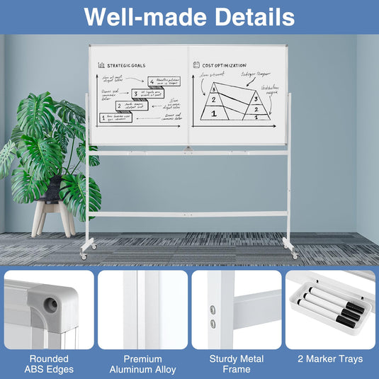 Goplus Rolling Whiteboard on Wheels, 70" x 35" Double-Sided Magnetic Whiteboard with Stand and Aluminum Alloy Frame