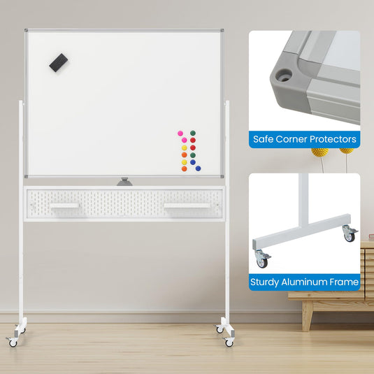 Goplus Rolling Whiteboard, 48” x 36” Height Adjustable Dry Erase Board with Pegboard, Hooks & Trays, Magnets