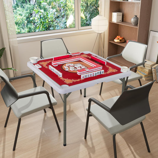 Goplus Mahjong Table, 35" Square Folding Card Table w/4Cup Holders, Anti Slip Mat, HDPE Tabletop w/Removable Mat