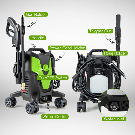 Goplus Electric Pressure Washer, 2400 PSI 1.7 GPM High Pressure Power Washer w/4 Quick Nozzles & Universal Wheels